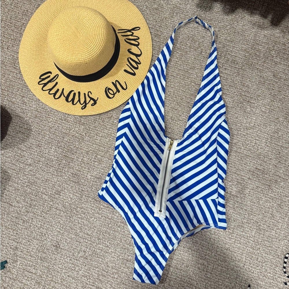 Blue and White Striped One-Piece Swimsuit